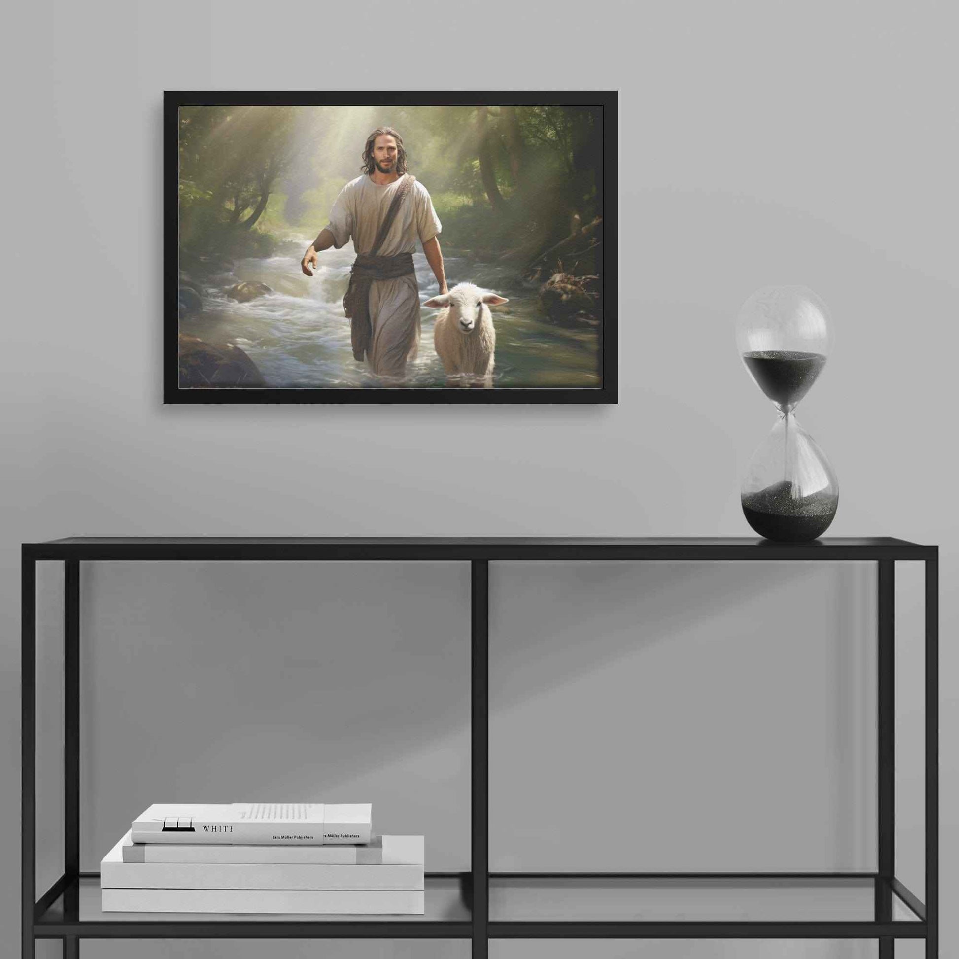 Jesus Walking In The Forest With A Lamb His Side Framed Art Print