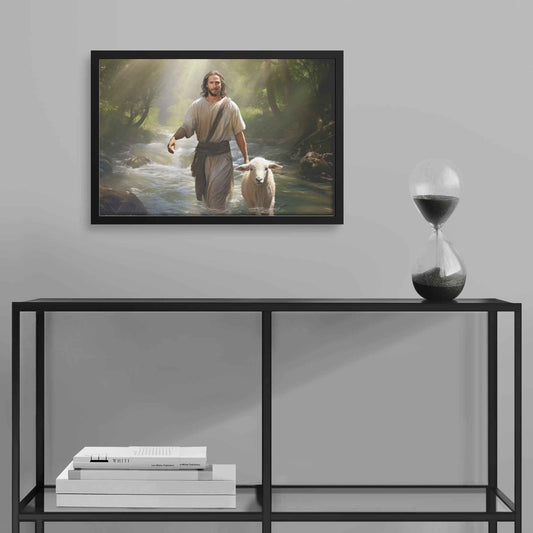 Jesus Walking In The Forest With A Lamb His Side Framed Art Print