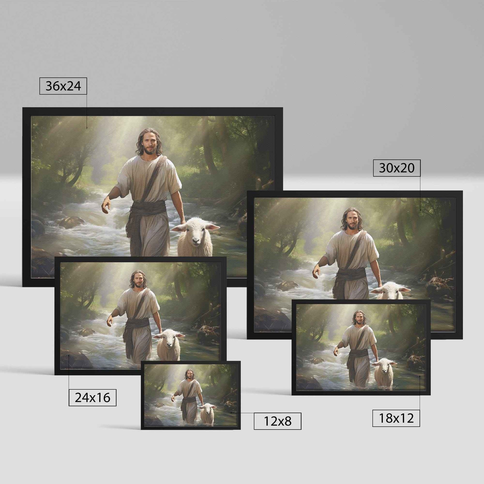 Jesus Walking In The Forest With A Lamb His Side Framed Art Print