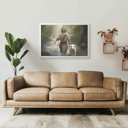 Jesus Walking In The Forest With A Lamb His Side Framed Art Print