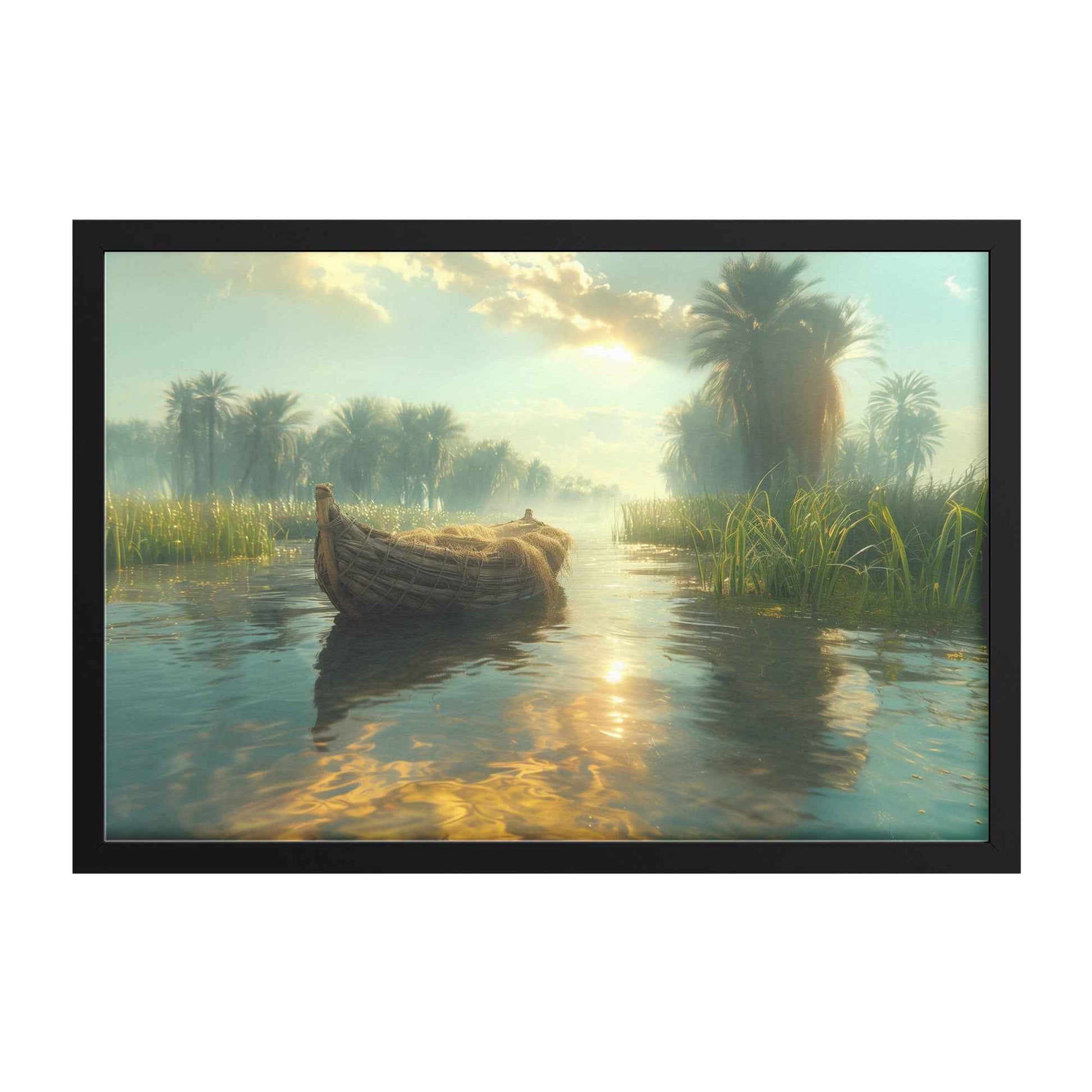 Tranquil River Scene with a Small Boat Gliding Through Lush Greenery and Palm Trees, Reflecting Calm Waters Under Bright Sunlight   Serene Natural Scenery Framed Art Print Decor