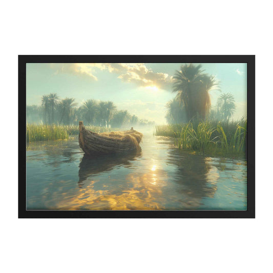Tranquil River Scene with a Small Boat Gliding Through Lush Greenery and Palm Trees, Reflecting Calm Waters Under Bright Sunlight   Serene Natural Scenery Framed Art Print Decor