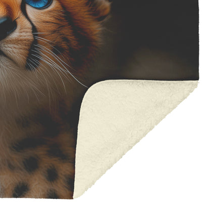 Baby Cheetah with Blue Eyes Gaze Toward the Sky Cozy Fleece Sherpa Blanket - Awakening Righteousness