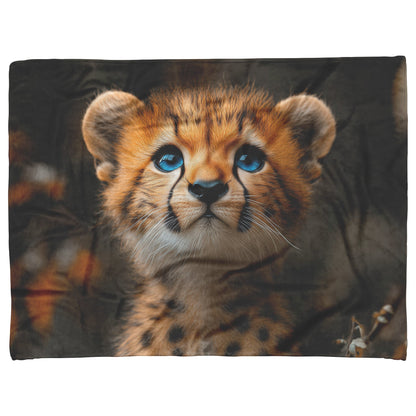 Baby Cheetah with Blue Eyes Gaze Toward the Sky Cozy Fleece Sherpa Blanket - Awakening Righteousness