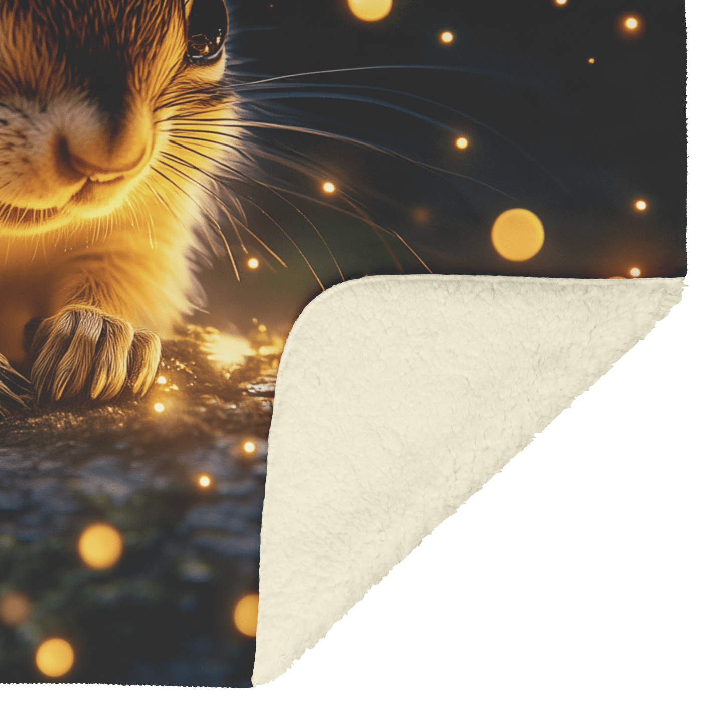 Baby Chipmunk Resting on Glowing Log Surrounded by Shimmering Moss and Bioluminescent Fireflies Fleece Sherpa Blanket - Awakening Righteousness