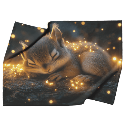 Baby Chipmunk Resting on Glowing Log Surrounded by Shimmering Moss and Bioluminescent Fireflies Fleece Sherpa Blanket - Awakening Righteousness