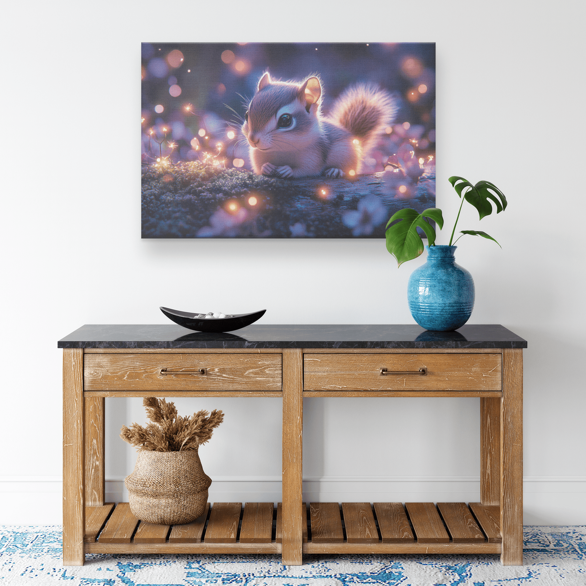 Baby Chipmunk Resting On Glowing Log With Shimmering Moss And Bioluminescent Fireflies Canvas Wall Art Decor - Awakening Righteousness