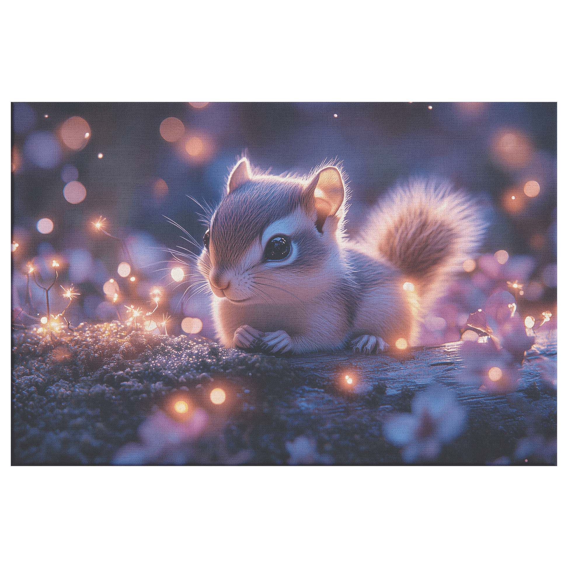 Baby Chipmunk Resting On Glowing Log With Shimmering Moss And Bioluminescent Fireflies Canvas Wall Art Decor - Awakening Righteousness