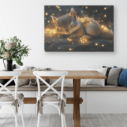 Baby Chipmunk Resting On Glowing Log With Shimmering Moss And Bioluminescent Fireflies Canvas Wall Art Decor - Awakening Righteousness