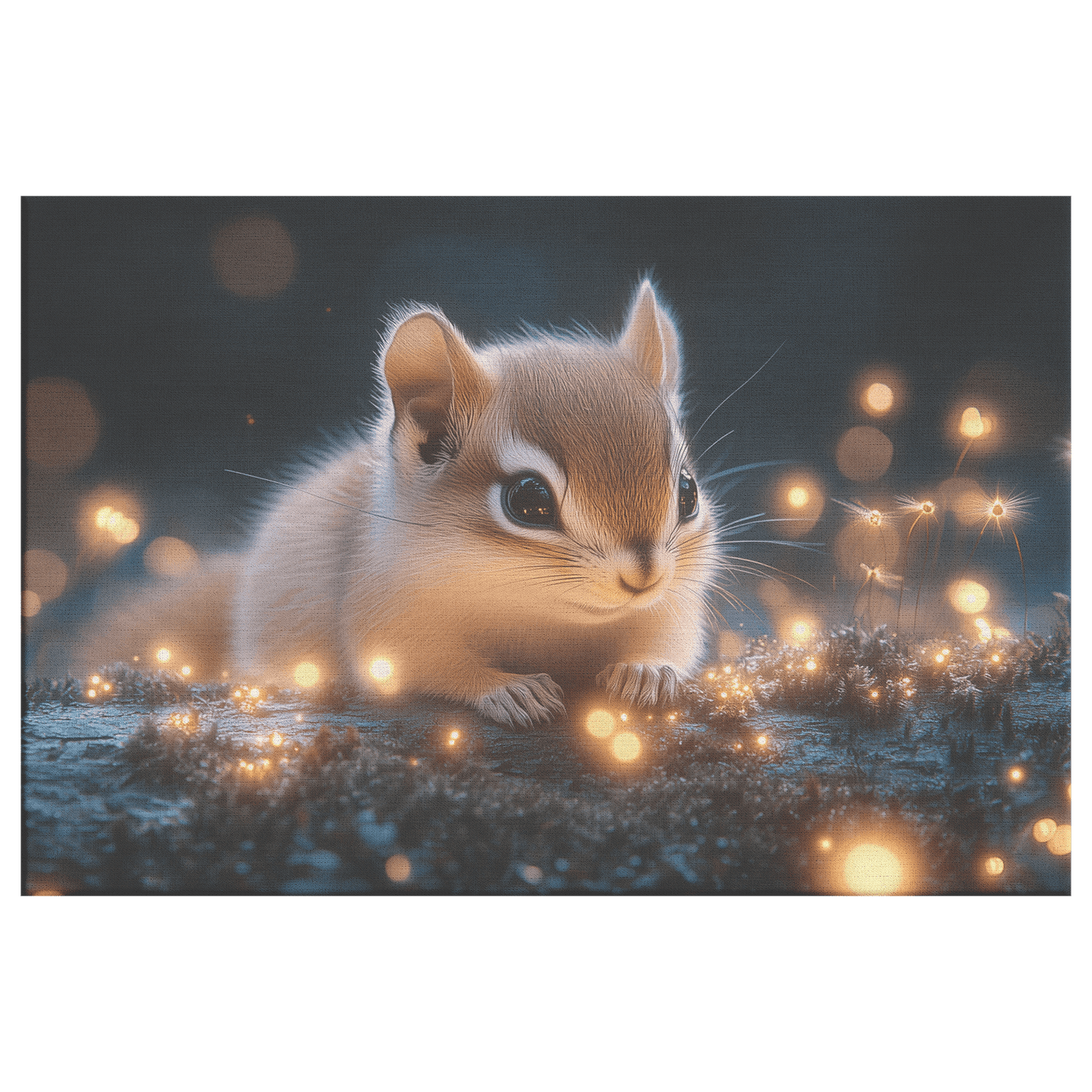 Baby Chipmunk Resting On Glowing Log With Shimmering Moss And Bioluminescent Fireflies Canvas Wall Art Decor - Awakening Righteousness