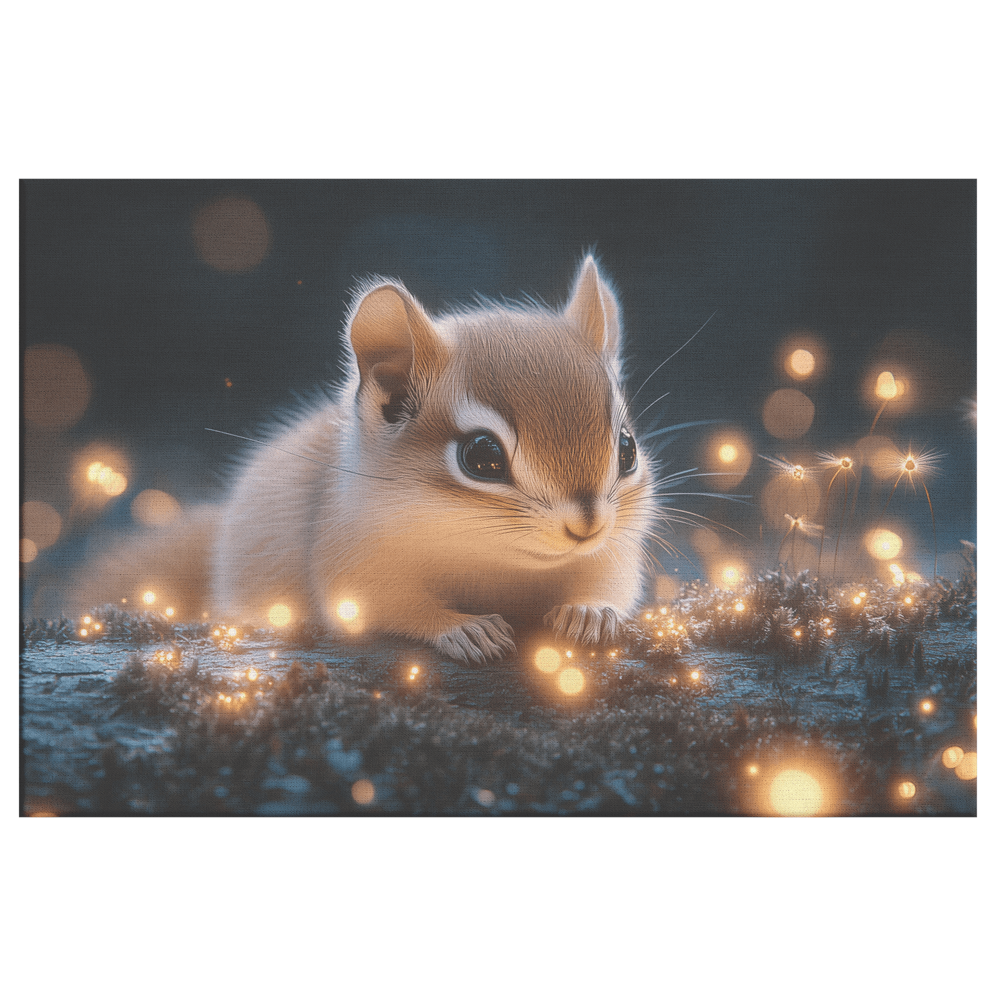 Baby Chipmunk Resting On Glowing Log With Shimmering Moss And Bioluminescent Fireflies Canvas Wall Art Decor - Awakening Righteousness