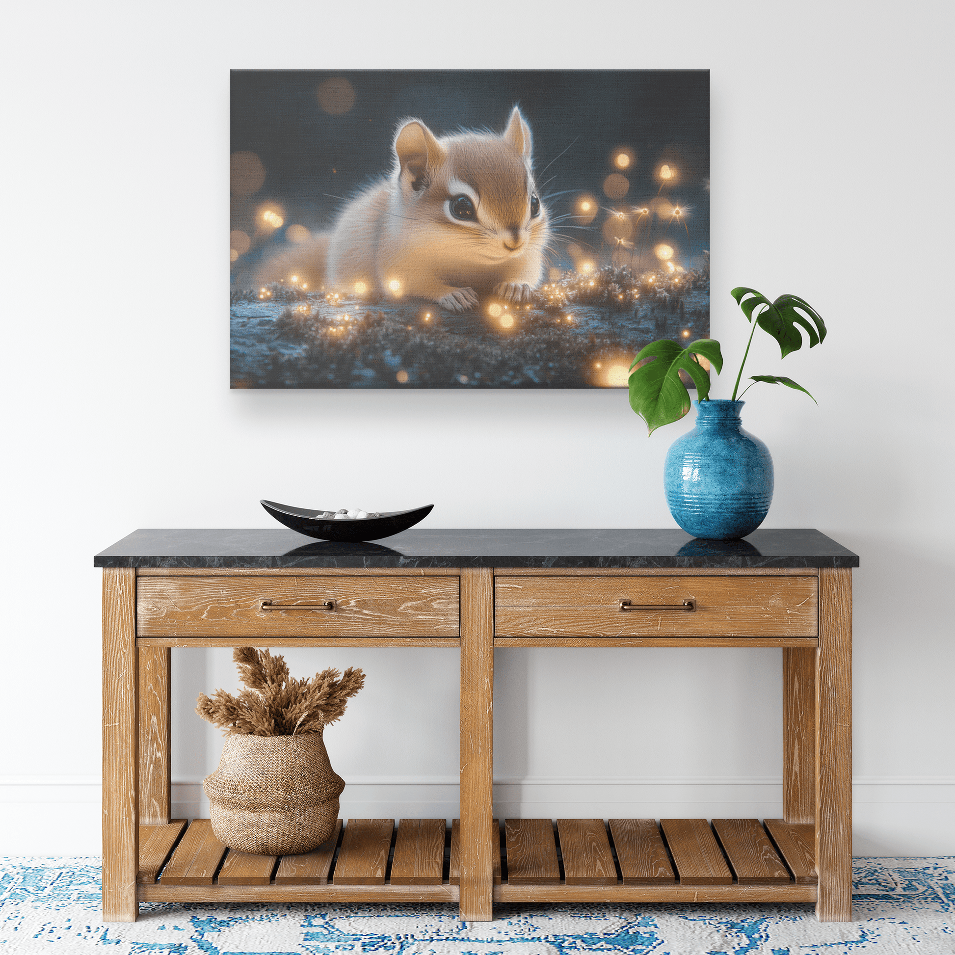 Baby Chipmunk Resting On Glowing Log With Shimmering Moss And Bioluminescent Fireflies Canvas Wall Art Decor - Awakening Righteousness