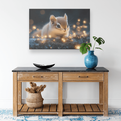 Baby Chipmunk Resting On Glowing Log With Shimmering Moss And Bioluminescent Fireflies Canvas Wall Art Decor - Awakening Righteousness