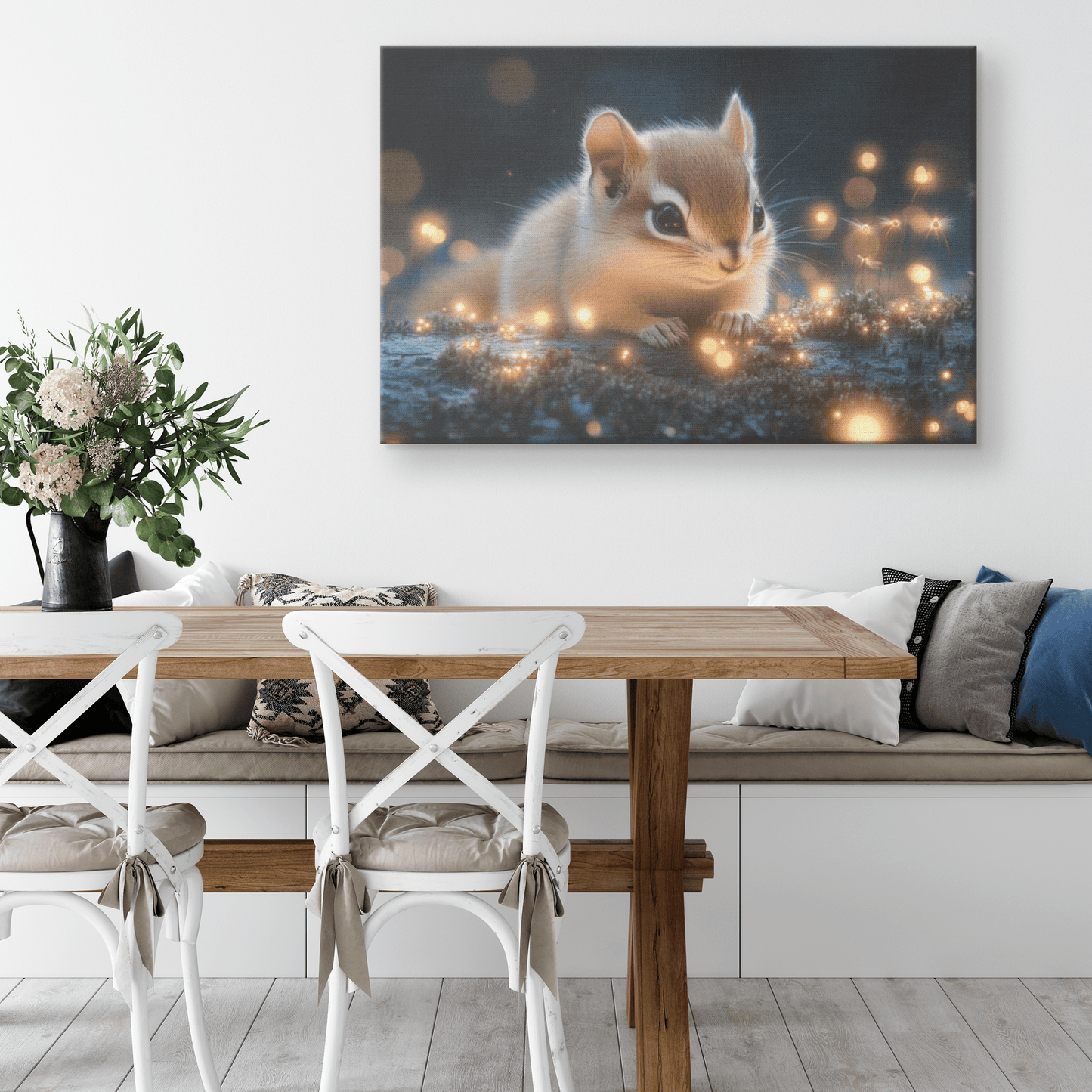 Baby Chipmunk Resting On Glowing Log With Shimmering Moss And Bioluminescent Fireflies Canvas Wall Art Decor - Awakening Righteousness