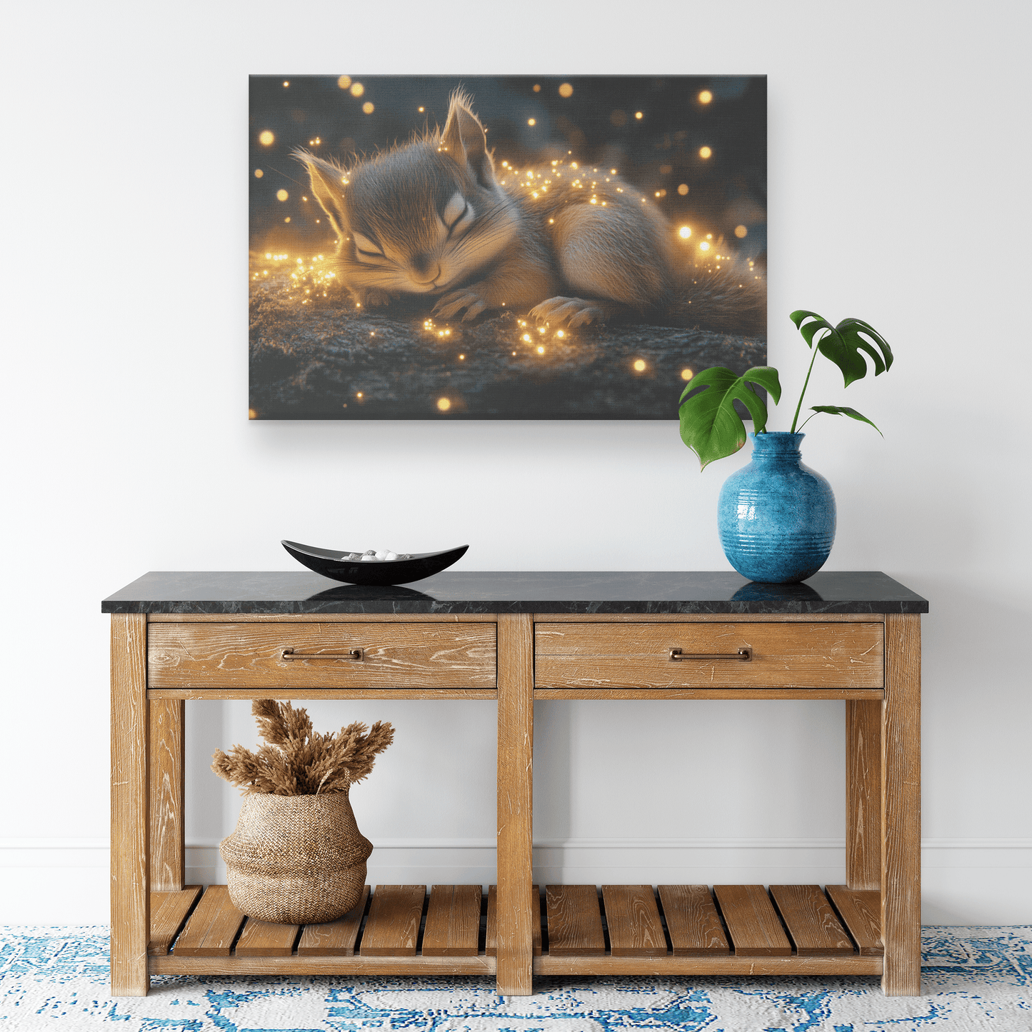Baby Chipmunk Resting On Glowing Log With Shimmering Moss And Bioluminescent Fireflies Canvas Wall Art Decor - Awakening Righteousness