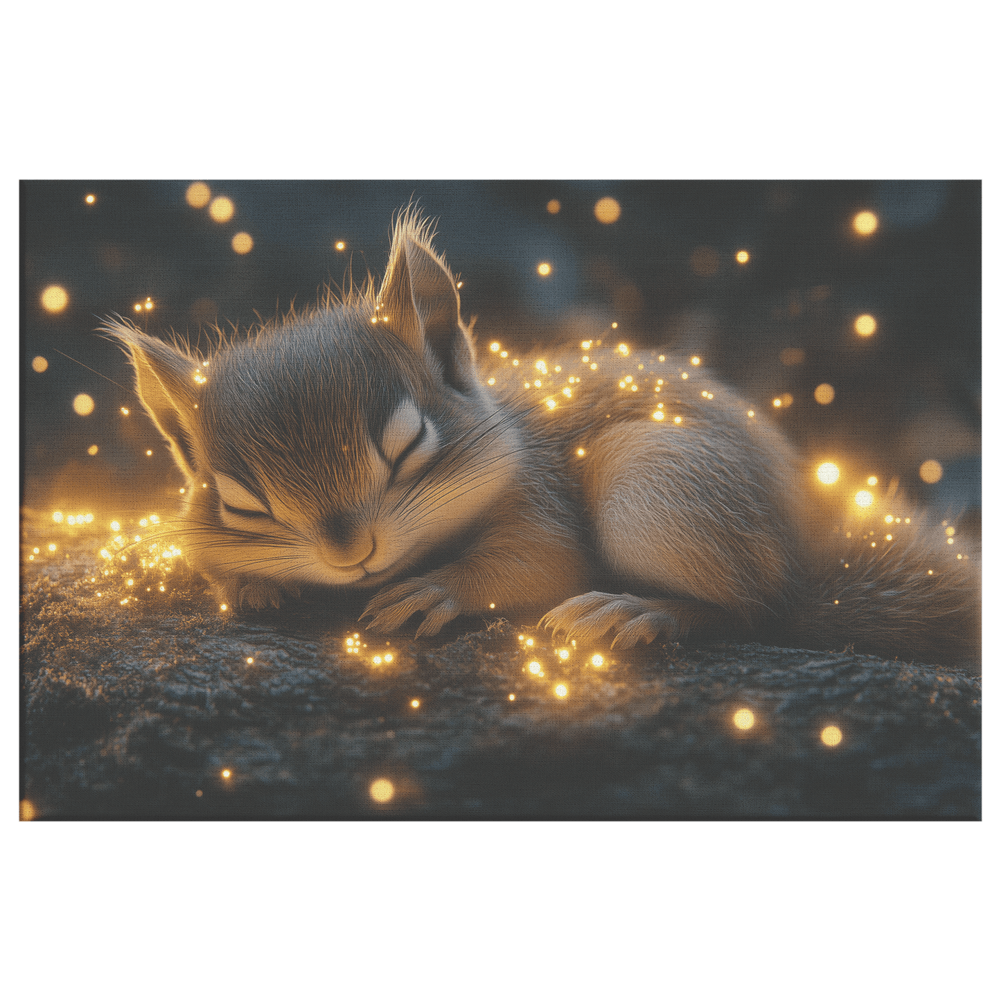 Baby Chipmunk Resting On Glowing Log With Shimmering Moss And Bioluminescent Fireflies Canvas Wall Art Decor - Awakening Righteousness
