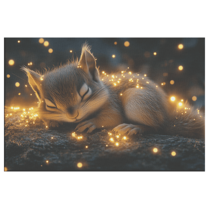 Baby Chipmunk Resting On Glowing Log With Shimmering Moss And Bioluminescent Fireflies Canvas Wall Art Decor - Awakening Righteousness