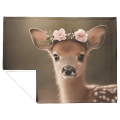 Baby Deer Wearing Flower Heart Crown Gentle Pose Soft Spotted Fur Blue Eyes Dreamy Valentine Glow Photorealistic High Resolution Sherpa Fleece Blanket - Awakening Aesthetics