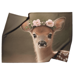 Baby Deer Wearing Flower Heart Crown Gentle Pose Soft Spotted Fur Blue Eyes Dreamy Valentine Glow Photorealistic High Resolution Sherpa Fleece Blanket - Awakening Aesthetics