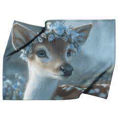 Baby Deer Wearing Flower Heart Crown Gentle Pose Soft Spotted Fur Blue Eyes Dreamy Valentine Glow Photorealistic High Resolution Sherpa Fleece Blanket - Awakening Aesthetics