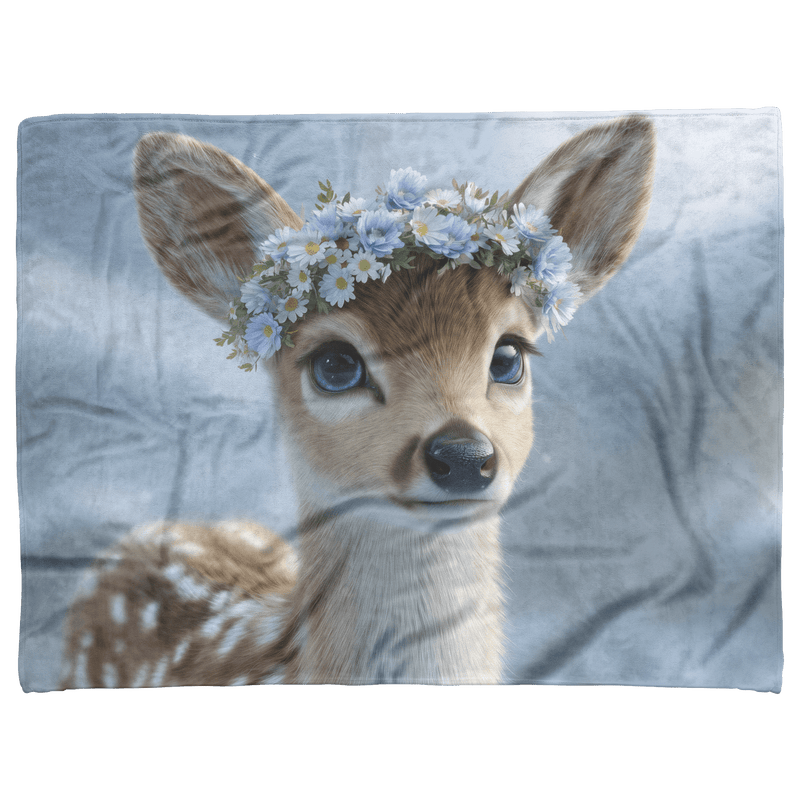 Baby Deer Wearing Flower Heart Crown Gentle Pose Soft Spotted Fur Blue Eyes Dreamy Valentine Glow Photorealistic High Resolution Sherpa Fleece Blanket - Awakening Aesthetics