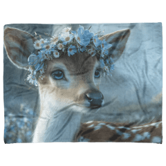 Baby Deer Wearing Flower Heart Crown Gentle Pose Soft Spotted Fur Blue Eyes Dreamy Valentine Glow Photorealistic High Resolution Sherpa Fleece Blanket - Awakening Aesthetics
