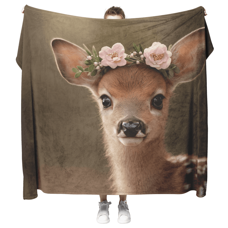 Baby Deer Wearing Flower Heart Crown Gentle Pose Soft Spotted Fur Blue Eyes Dreamy Valentine Glow Photorealistic High Resolution Sherpa Fleece Blanket - Awakening Aesthetics
