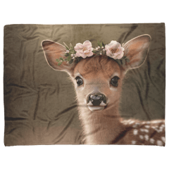 Baby Deer Wearing Flower Heart Crown Gentle Pose Soft Spotted Fur Blue Eyes Dreamy Valentine Glow Photorealistic High Resolution Sherpa Fleece Blanket - Awakening Aesthetics