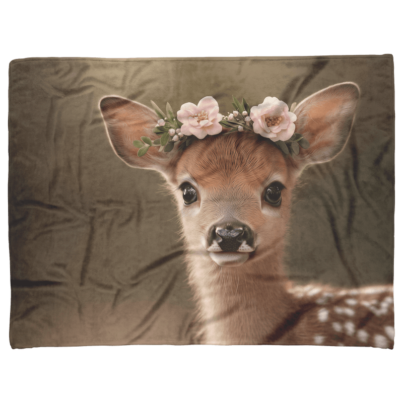 Baby Deer Wearing Flower Heart Crown Gentle Pose Soft Spotted Fur Blue Eyes Dreamy Valentine Glow Photorealistic High Resolution Sherpa Fleece Blanket - Awakening Aesthetics