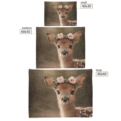 Baby Deer Wearing Flower Heart Crown Gentle Pose Soft Spotted Fur Blue Eyes Dreamy Valentine Glow Photorealistic High Resolution Sherpa Fleece Blanket - Awakening Aesthetics