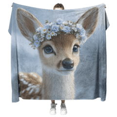 Baby Deer Wearing Flower Heart Crown Gentle Pose Soft Spotted Fur Blue Eyes Dreamy Valentine Glow Photorealistic High Resolution Sherpa Fleece Blanket - Awakening Aesthetics