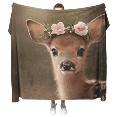 Baby Deer Wearing Flower Heart Crown Gentle Pose Soft Spotted Fur Blue Eyes Dreamy Valentine Glow Photorealistic High Resolution Sherpa Fleece Blanket - Awakening Aesthetics