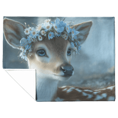 Baby Deer Wearing Flower Heart Crown Gentle Pose Soft Spotted Fur Blue Eyes Dreamy Valentine Glow Photorealistic High Resolution Sherpa Fleece Blanket - Awakening Aesthetics