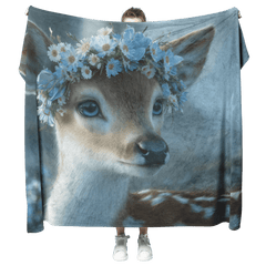 Baby Deer Wearing Flower Heart Crown Gentle Pose Soft Spotted Fur Blue Eyes Dreamy Valentine Glow Photorealistic High Resolution Sherpa Fleece Blanket - Awakening Aesthetics