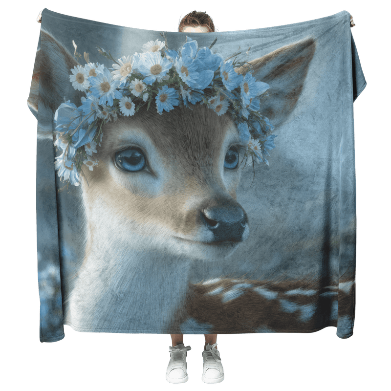 Baby Deer Wearing Flower Heart Crown Gentle Pose Soft Spotted Fur Blue Eyes Dreamy Valentine Glow Photorealistic High Resolution Sherpa Fleece Blanket - Awakening Aesthetics