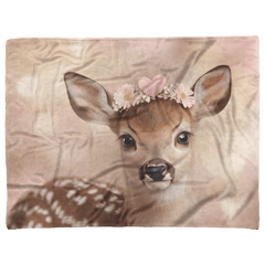 Baby Deer Wearing Flower Heart Crown Soft Spotted Fur Blue Eyes Dreamy Glow Photorealistic High Resolution Cozy Sherpa Fleece Blanket - Awakening Aesthetics
