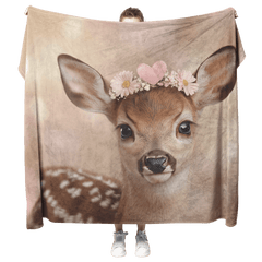Baby Deer Wearing Flower Heart Crown Soft Spotted Fur Blue Eyes Dreamy Glow Photorealistic High Resolution Cozy Sherpa Fleece Blanket - Awakening Aesthetics