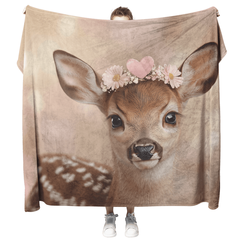 Baby Deer Wearing Flower Heart Crown Soft Spotted Fur Blue Eyes Dreamy Glow Photorealistic High Resolution Cozy Sherpa Fleece Blanket - Awakening Aesthetics