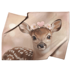Baby Deer Wearing Flower Heart Crown Soft Spotted Fur Blue Eyes Dreamy Glow Photorealistic High Resolution Cozy Sherpa Fleece Blanket - Awakening Aesthetics