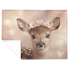 Baby Deer Wearing Flower Heart Crown Soft Spotted Fur Blue Eyes Dreamy Glow Photorealistic High Resolution Cozy Sherpa Fleece Blanket - Awakening Aesthetics