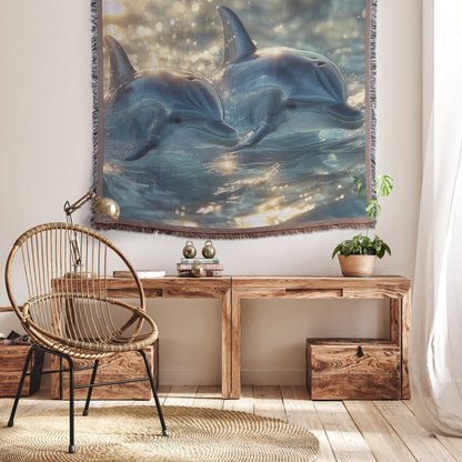 Baby Dolphin Swimming Close to Mother in Glowing Crystal Clear Ocean Water Woven Throw Blanket - Awakening Righteousness