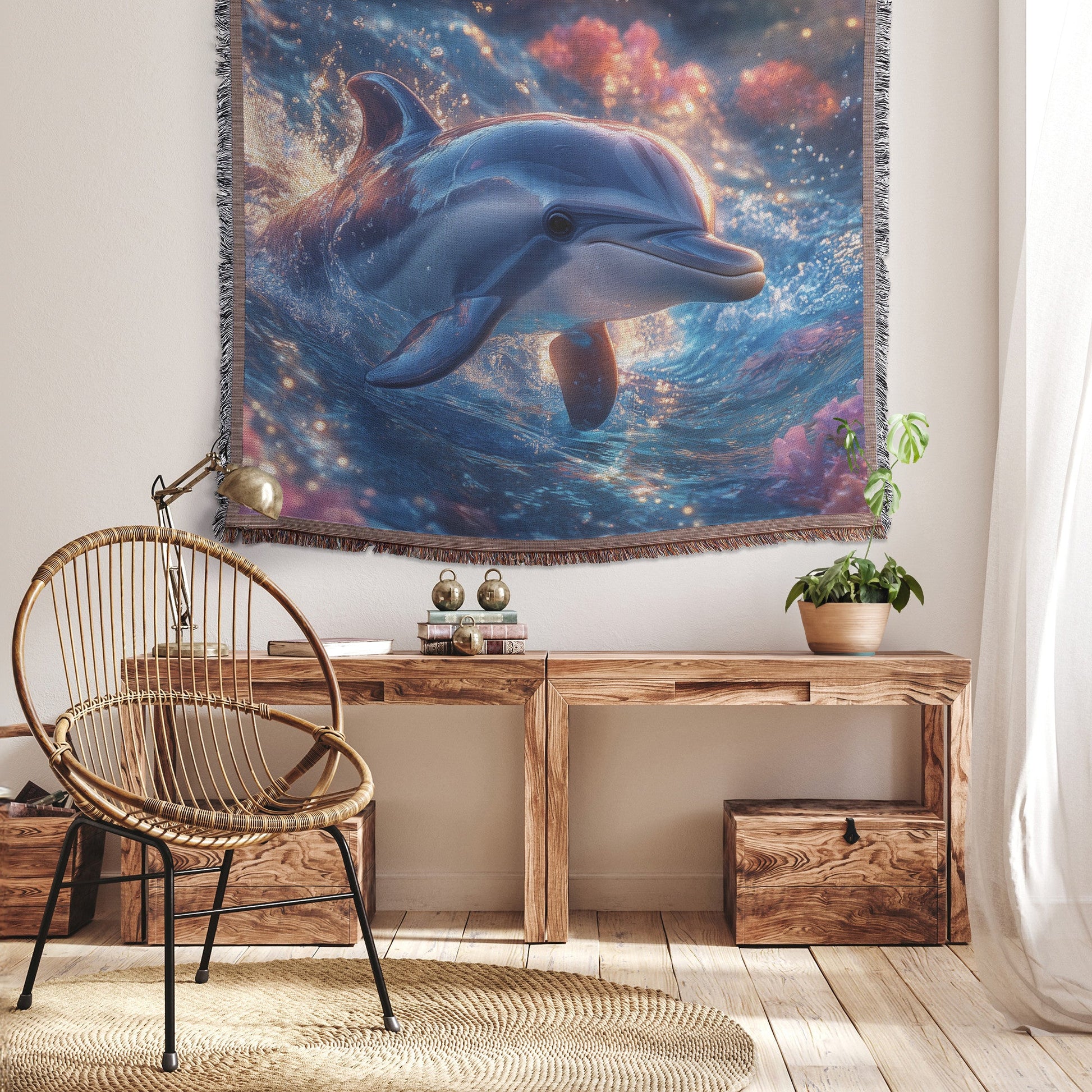 Baby Dolphin Swimming in Glowing Crystal Clear Ocean Water Filled with Magical Light and Pink Flowers Woven Throw Blanket - Awakening Righteousness
