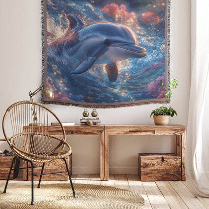 Baby Dolphin Swimming in Glowing Crystal Clear Ocean Water Filled with Magical Light and Pink Flowers Woven Throw Blanket - Awakening Righteousness