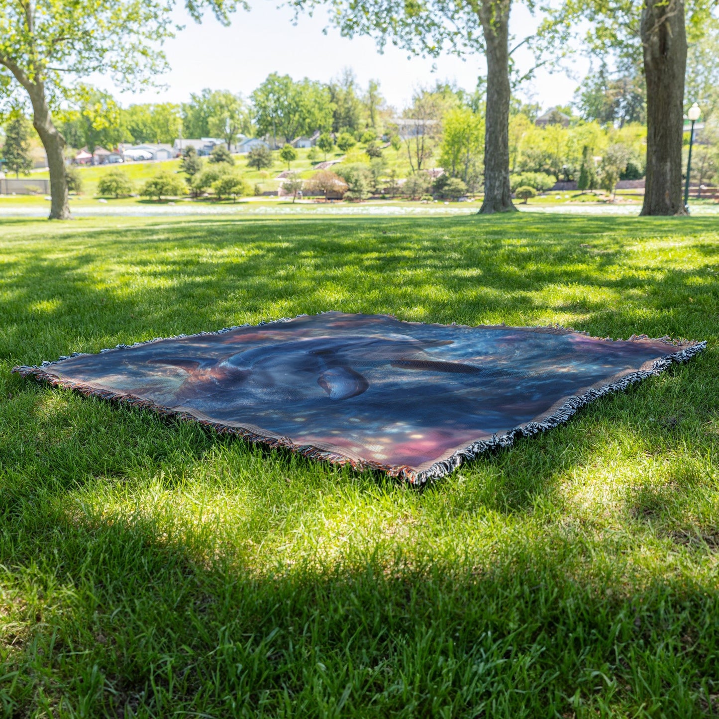 Baby Dolphin Swimming in Glowing Crystal Clear Ocean Water Filled with Magical Light and Pink Flowers Woven Throw Blanket - Awakening Righteousness