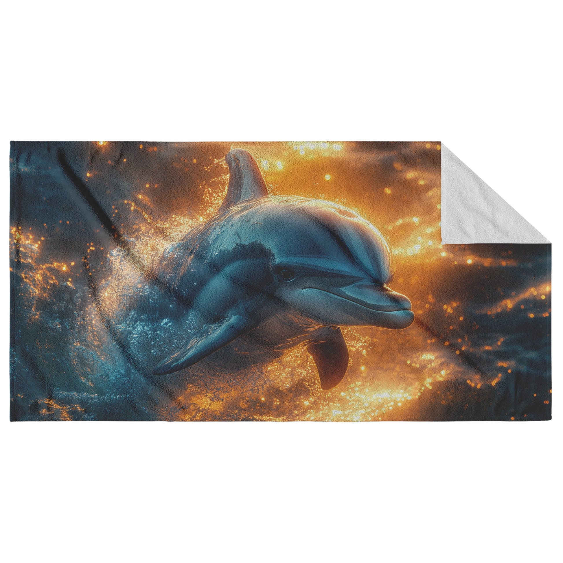 Baby Dolphin Swimming in Glowing Crystal Clear Ocean Water Filled with Magical Light Beach Towel - Awakening Righteousness