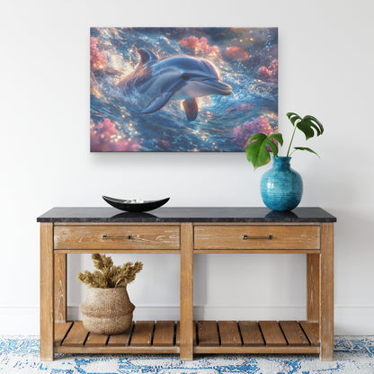 Baby Dolphin Swimming in Glowing Crystal Clear Ocean Water Filled with Pink Flowers Canvas Wall Art Decor - Awakening Righteousness