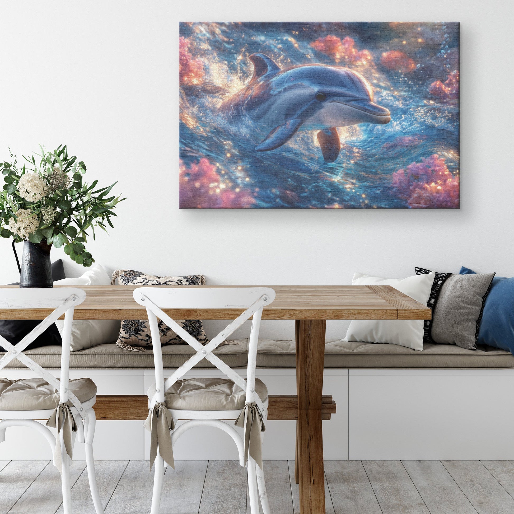 Baby Dolphin Swimming in Glowing Crystal Clear Ocean Water Filled with Pink Flowers Canvas Wall Art Decor - Awakening Righteousness