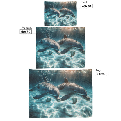 Baby Dolphin Swimming with Mother in Glowing Crystal Ocean with Magical Light Fleece Sherpa Blanket - Awakening Righteousness