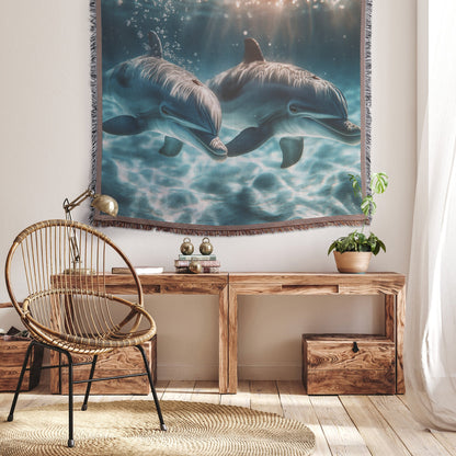 Baby Dolphin Swimming with Mother in Glowing Ocean Filled with Magical Light Woven Throw Blanket - Awakening Righteousness