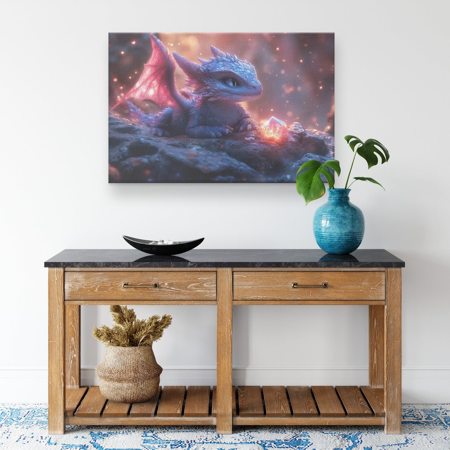 Baby Dragon Resting on Glowing Crystal Surrounded by Shimmering Light and Mist in Magical Cave Canvas Wall Art - Awakening Righteousness